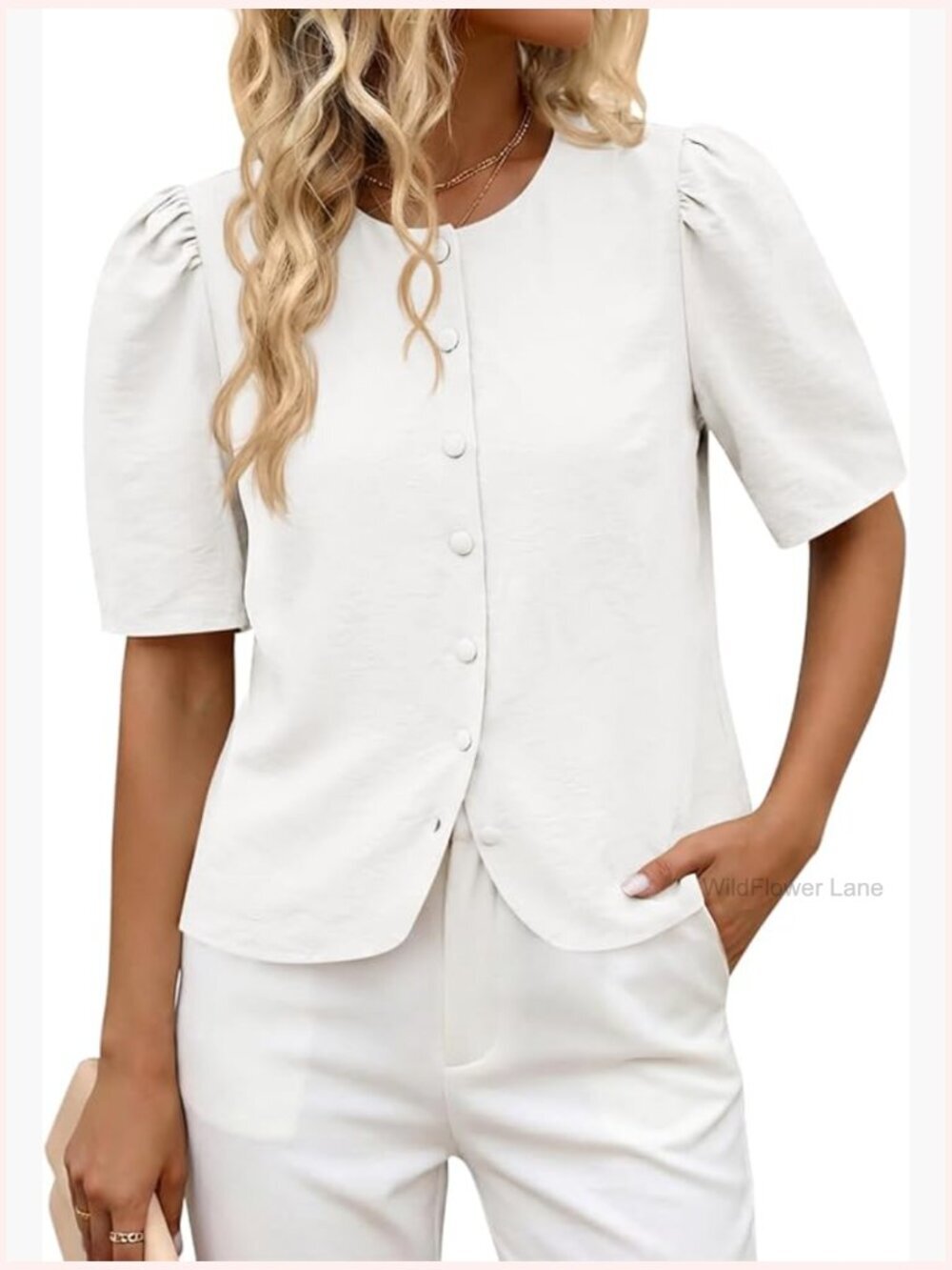 Short Puff Sleeve Button Down Shirt Dressy Casual Blouse Summer Top